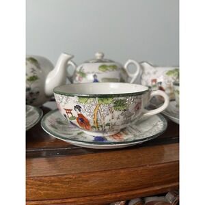 Antique Japanese Kutani Egg Shell Porcelain Geisha Tea Set Handpainted